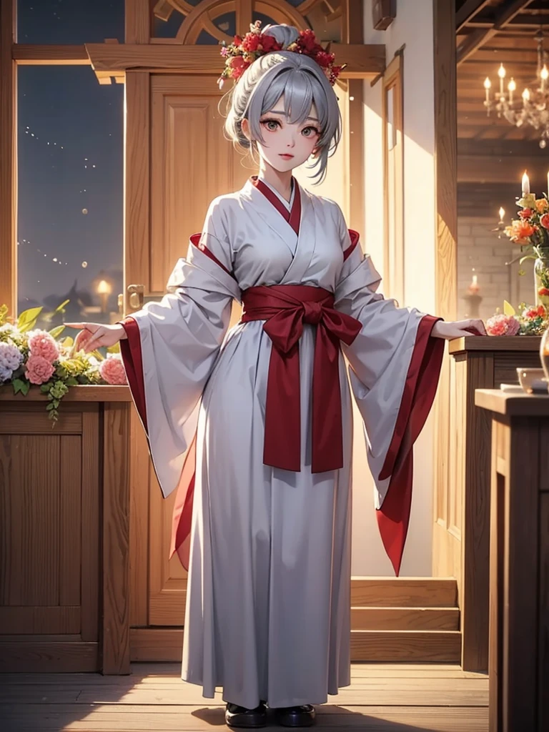 Magnificent View、Outdoor、High definition、Holy Maiden、Shrine maiden、With many flowers blooming、Chestnut Hair（The center is silver、The tips of the hair turn red）、whole body、Jade Eyes、Dance dedicated to the gods、Votive dance