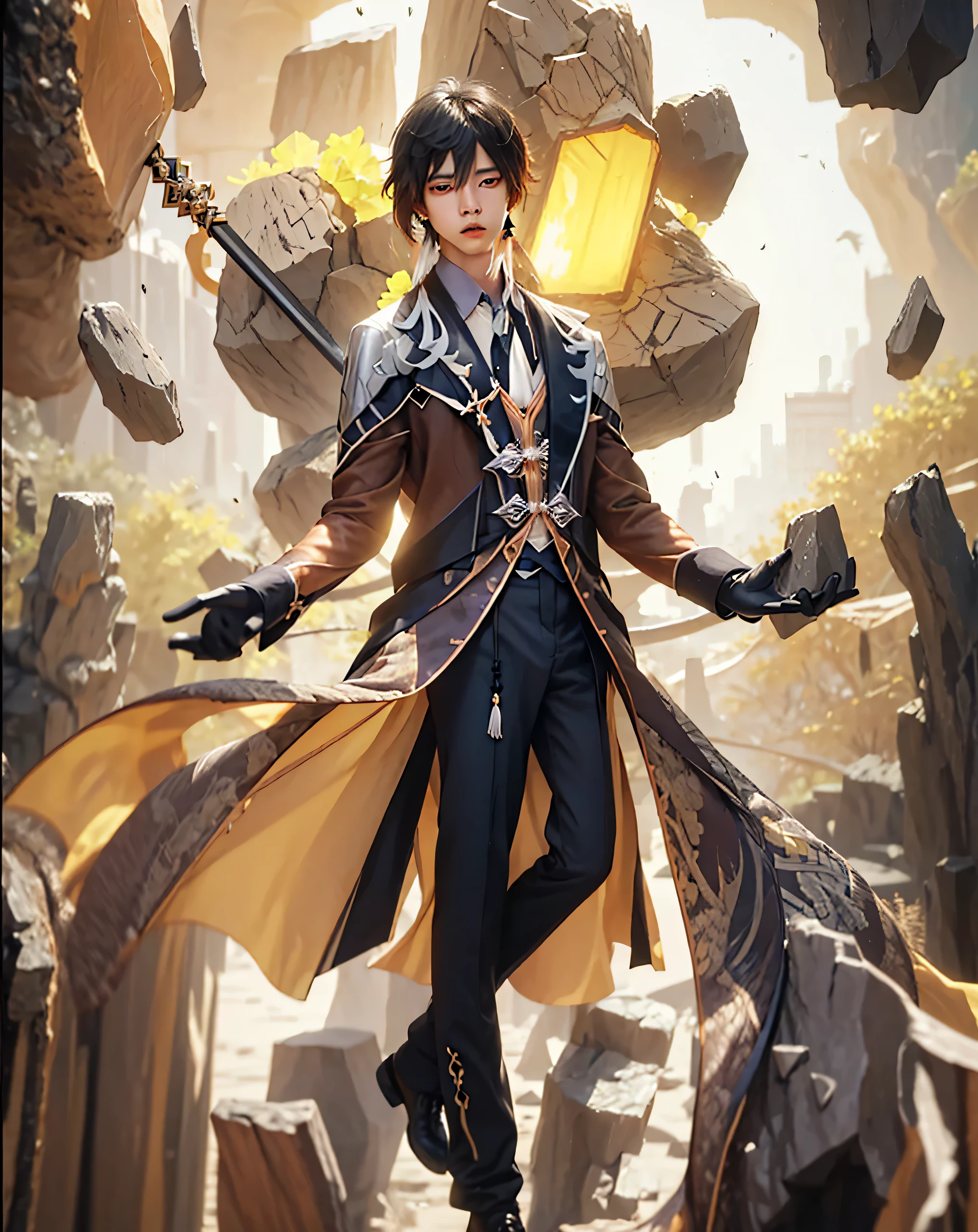 ((Zhongli_GENSHIN IMPACT)),((realistic, photorealistic)),(highlight hair)), Light reflection, (( HD )),((upper body)), (((best quality, masterpiece))), (masterpiece) (best quality) (detail) (8k) (HDR) (wallpaper) (cinematic lighting) (sharp focuasterpiece, best quality: 1.1), 1men solo, Zhongli, shadow,back light,Zhongli Spear genshin impact, sitting on a rock shaped like a larva's hand, a mountain rock ruin,Mountain rocks background,Stone-shaped hands, Real life adaption of this character, Asian  beauty face, Shining Purple eyes, realistic outfit, realistic shadow, realistic light, realism, hyper realistic, realistic background,(photorealistic:1.2), masterpiece, best quality, 1boy, masterpiece, best quality, simple background, whole body, bangs, black_gloves, black_hair, brown_hair, gradient_hair, collared_shirt, earrings, eyebrows_visible_through_hair, formal, gloves, hair_between_eyes, holding, chinese_clothes, jacket, jewelry, long_hair, long_sleeves, male_focus, multicolored_hair, ponytail, single_earring, suit, tassel, tassel_earrings, whiskers, yellow_eyes, zhongli_\(genshin_impact\)best quality,masterpiece,absurbres,super-resolution,1boys,Zhongli \(genshin impact\),((long hair, black hair)),yellow eyes,calm,brown suit,white shirt,black pants,necktie,abs, 1boy, male focus,muscular, toned, pectorals, nipples, open mouth, solo, looking at viewer,gloves, solo, jewelry, male focus, earrings, tassel earrings, formal, ponytail, black gloves, tassel, long hair, single earring, looking at viewer, suit,Room background, glow effect, 1men solo, Zhongli, shadow,back light,Zhongli Spear genshin impact, sitting on a rock shaped like a larva's hand, a mountain rock ruin,Mountain rocks background,Stone-shaped hands,Floating cloak, spear sword, Flying,Glow effect,Back hair 