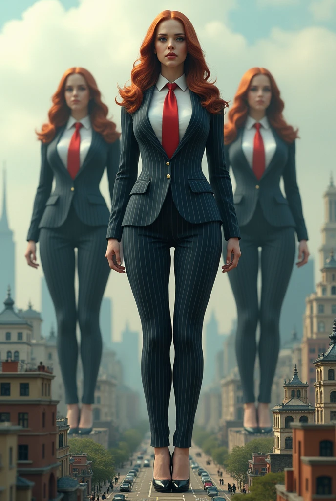 Highly detailed giga Giantess shot, multiple mega Giantess, Emma Watson, multiple women, big breasts, hourglass figures, long red hair, pinstriped suit, white shirt, huge red tie Windsor knot, high heels, very small metropolis, miniature metropolis, crush the big city, full body description, GTS, Giga Goddess, Stomping City, crash city, micro city, High resolution, highest quality, masterpiece,
