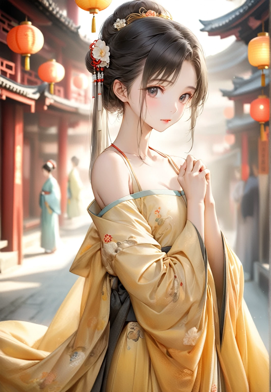 最high quality, masterpiece, High resolution, One person, Hanfu, Tang Dynasty Costume, small, Flat Chest, clavicle, Off-the-shoulder exquisite look, Realistic, Real People, (Skin with attention to detail: 1.4), SLR, Soft Light, high quality, photograph, High resolution, Background blur, Vintage Street