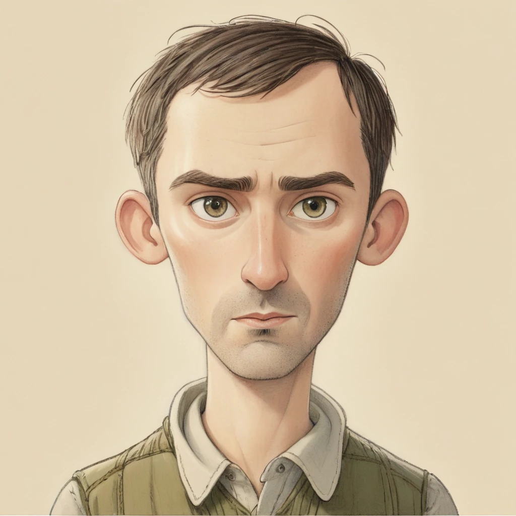 cartoon drawing of a European man, very beautiful, short haircut, at the age of 40, medium height in artistic style Mattias Adolfsson