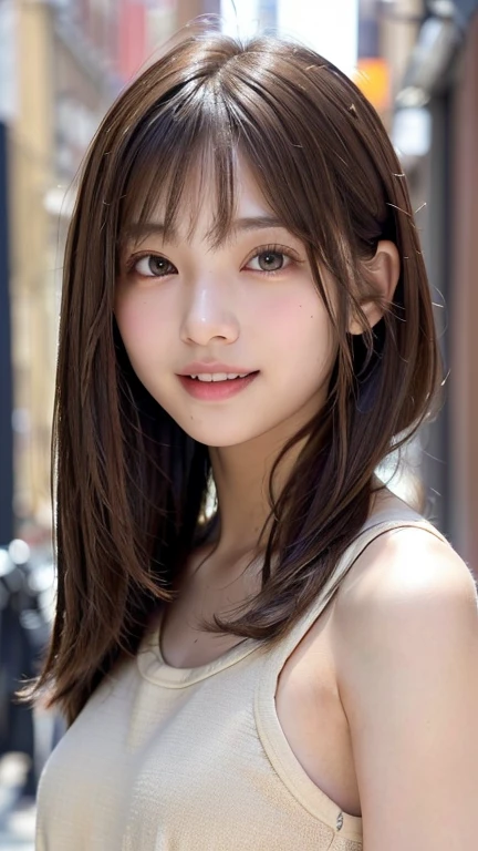 (((Face close-up)))、(((Brown straight hair)))、(((She is photographed with the backdrop of a New York alleyway、Posing like a model at a hair salon。.)))、(((She is wearing casual clothes suitable for early summer..。shoulders are hidden)))、(Natural laughter:1.25)、Half Japanese, Half Korean、18-year-old girl、Independent、I&#39;m looking forward to、Light eye makeup、Brown Hair Color、Flat 、Hair blowing in the wind、Quality of actress、Shiny, Ultra-realistic faces、smile、Watery eye、look up、Subtle lighting effects、 Ultra-Realistic Capture、Very detailed、High resolution 16K human skin closeup。Skin texture must be natural、The detail must be such that the pores are clearly visible.、skin is healthy、Even Tone、Use natural light and colour、Worn out, High quality photos taken by modeling agencies&#39;In-house photographer.、smile、(((Sigma 300mm F/1.4,1/1000 sec shutter,ISO400)))、The background is F-stop 1...4 is blurry
