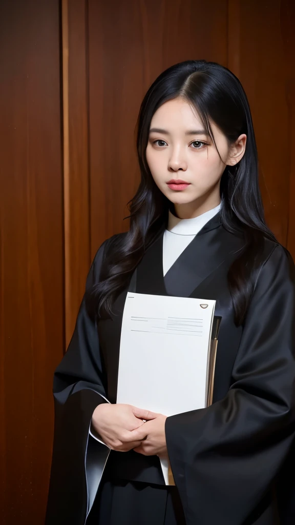 Female notary wearing black robe in court，White shirt underneath the cassock，Appear dignified and professional。She stood in court，Holding notarized documents in hand，Look focused。