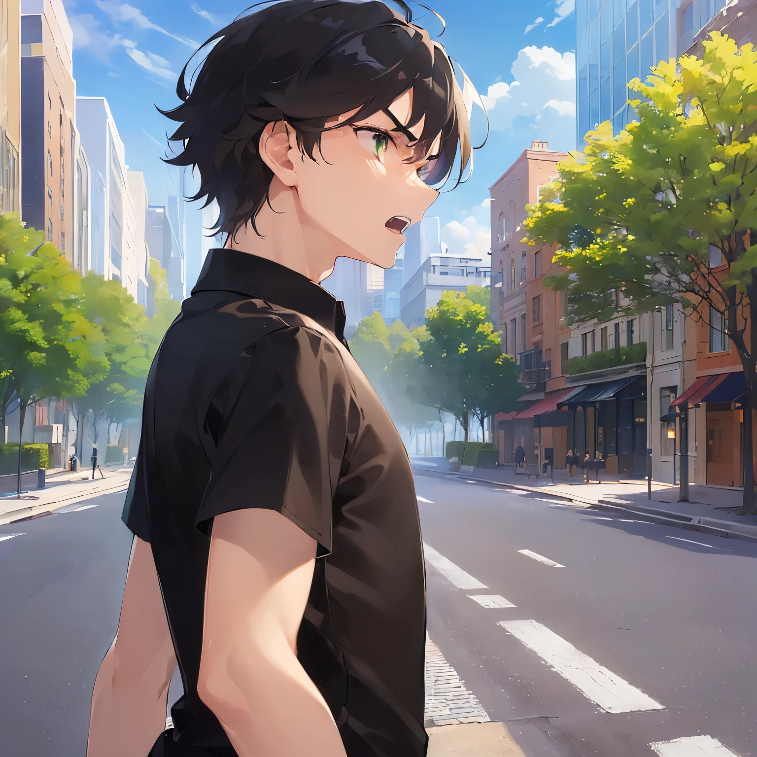 (looking away:1.5),upper body、Side shot、outstretched arm,
shiny skin, masterpiece、Highest quality、
(25-year-old male:1.5) and (Brown short hair) and (Green Eyes),
(black collared shirt:1.5) ,
furrowed brow、(angry:1.2)、open mouth,park,(alone:1.5)