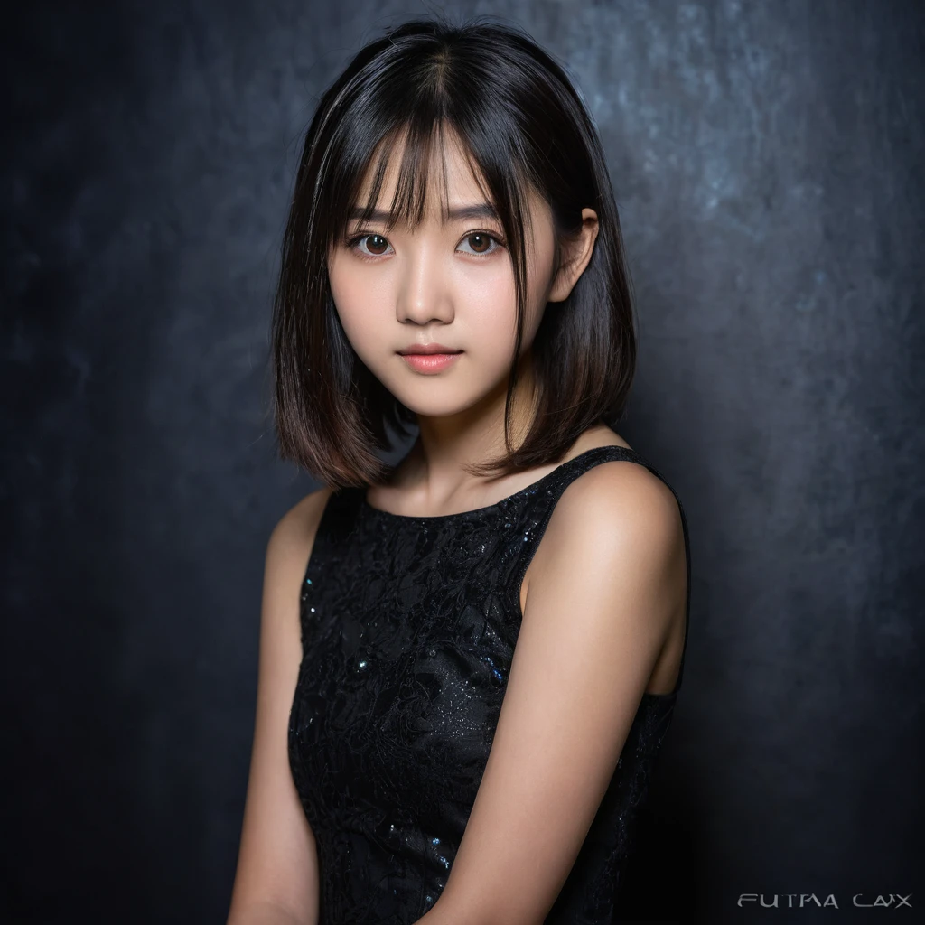 Yui, photo of female, age 15 year, black shoulder length hair with brown highlights; (rim lighting, studio lighting, dslr, ultra quality, film grain, Fujifilm XT3, crystal clear, 8K UHD, highly detailed glossy eyes, high detailed skin, skin pores); wear black dress, black stockings, wall background