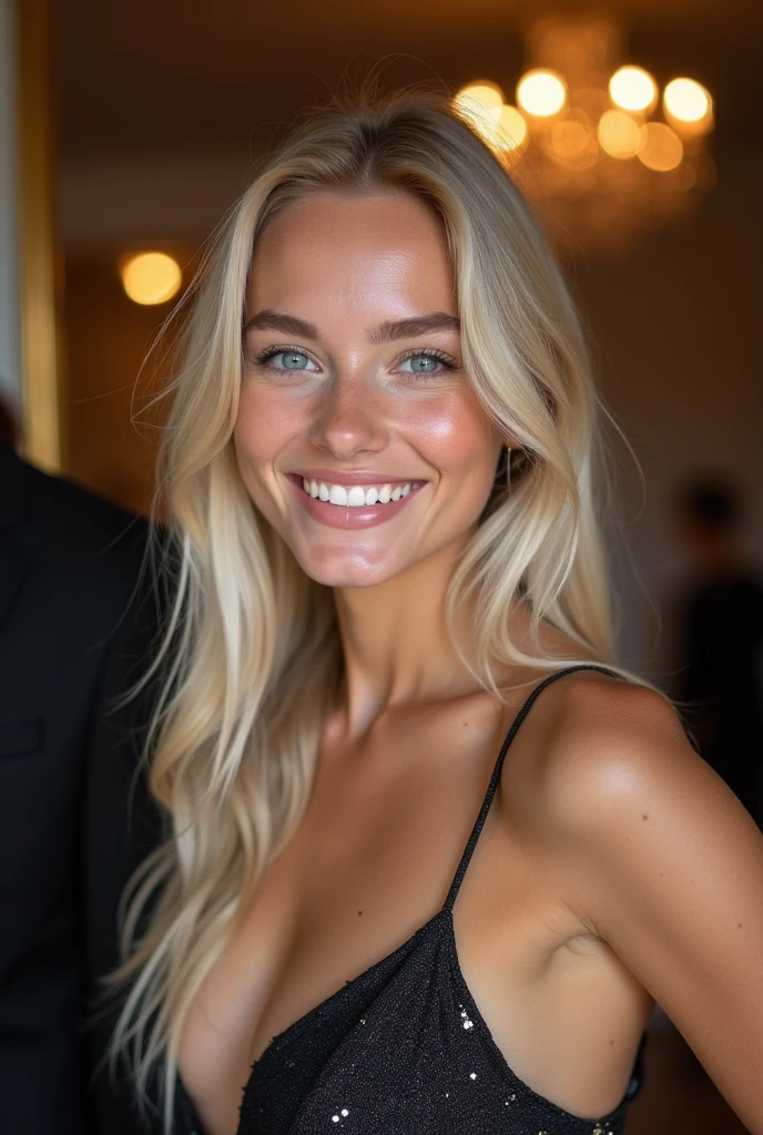 create an influencer,blonde hair,Scandinavian,light eyes,light brown skin,spotty,girl next door,Natural photo, spontaneous photo,55 mm linse, Permissive,at home, Background also sharp,smiling, further away from the camera ,natural posture, at a gala in a cocktail dress