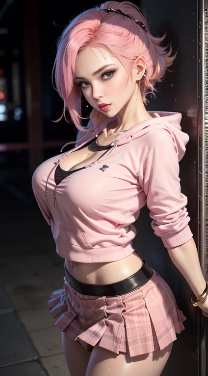 (NSFW),Professional Woman Photography, masutepiece, Big, 1womanl, Artistic background、Flirting, From above, (sweat bangle: 1.3), blur backgroun, beautiful villain woman photo, ((pink gangster style)), shot,Open front, Skirt, ((pink hoodie, Peach-colored hair)), Realistic, Beautiful lips, Brown eyes, Pink checked pleated skirt, of the highest quality, Ultra Detail, Naughty angles, long eyes, Maturtiful face, Seductive eyes, Back lighting,