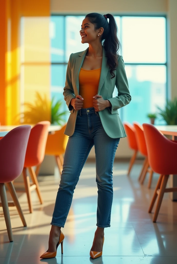 Tamil girl, (((full body shot))), (wearing:1.6 three-piece suit, denim pants, high heels, wrist watch), ponytail, eyes symmetry, face symmetry, standing inside conference room, (best quality, ultra-detailed:1.6), colorful scene, bright color palette, professional atmosphere, vibrant colors, cute expressions, joyful laughter, body reflecting light, back lit, refreshing ambiance, happy face, natural lighting, lively mood, (intricate detailing:1.6 faces & eyes & ears & nose & lips & skin & curves & round deep navel & midriff & body partaximize objects in the background, HDR, hyper realistic, yocto-pixel detailing, yotta-pixel image