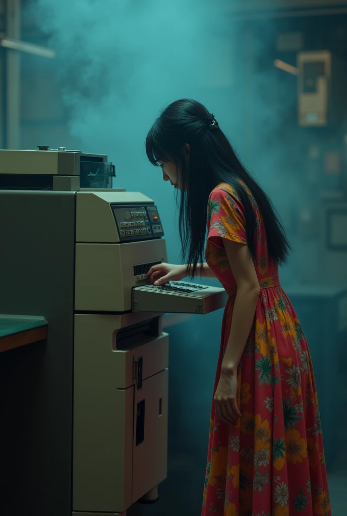 a young asian woman in a colorful dress, long dark hair, leaning over a photocopier as if making a copy of herself, photorealistic, highly detailed, intricate details, cinematic lighting, moody colors, dramatic atmosphere, realistic, award winning photo