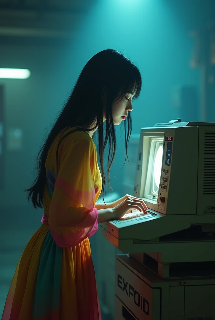 a young asian woman in a colorful dress, long dark hair, leaning over a photocopier as if making a copy of herself, photorealistic, highly detailed, intricate details, cinematic lighting, moody colors, dramatic atmosphere, realistic, award winning photo