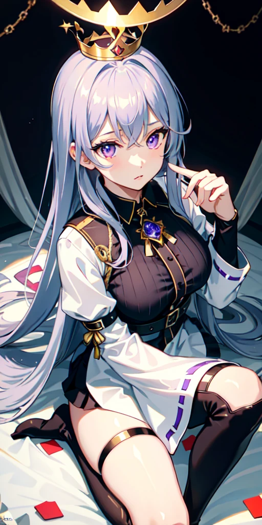 (Top view),Dynamic Angle,Extremely detailed, illustration, close up, straight on, 1 Girl, (fantasy:1.4), (Purple Eyes:1.233),Her eyes shone like Dreamy stars,(Glowing eyes:1.233),(Beautiful and delicate eyes:1.1),(Black Hair:1.14),(Long and straight hair，Hair between the eyes,Side lock), (+(crown:1.14)),(ta dress,Golden flower pattern)/=(military uniform:1.24),(Separate sleeves,Wide sleeves),(Fingerless gloves),Necklace,(miko knee-high socks),Black high heel boots,(Poker face,Shut up),(permanent), (Classical princess boudoir with dressing table and French windows in a white old palace),(White flowers,bloom),(deep sea),(flowing water),(a dull blue world tree:1.14),(ruins),(night:1.2),Dreamy,soul,(Fluorescence),(Flying translucent blue butterfly:1.15), [[Slender fingers and hands:0.55]::0.85],(Detail fingers),(yubao:0.5),
