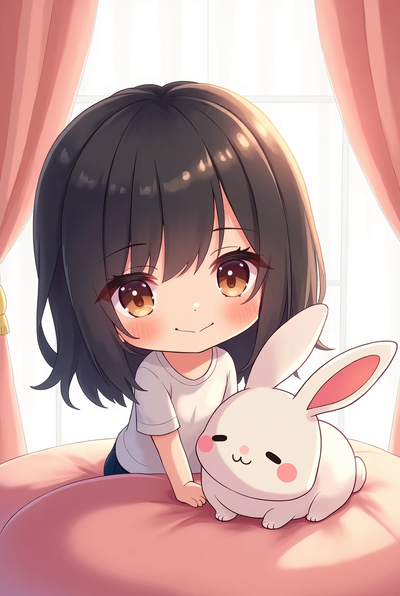 1 girl, Chibi T-shirt, Black Hair, Luxury Fabric,,deep, Looking at the audience, White Background、cute、Mischievous look、Luxury Dresses、Best image quality、、Straight hair、White Background、White Rabbit
