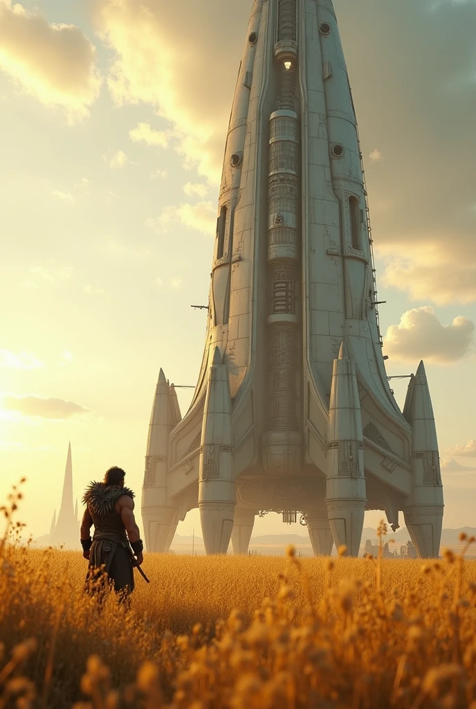 Conan builds a spaceship. The background is a golden grassy field.