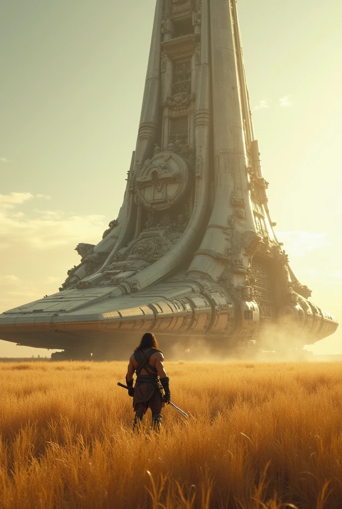 Conan builds a spaceship. The background is a golden grassy field.
