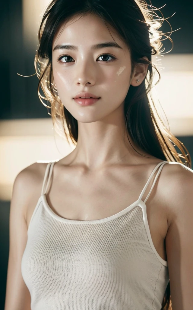 Realistic picture, Too realistic, movie light, 32K, 1 girl, search, light on face, Backlight, (brighter light:1.2), (increase quality:1.4), (The best quality genuine skin:1.4), Eyes with intricate details, A face with intricate details, (Tired and sleepy and happy), closeup face, colored tank top, (Increase the beauty of the skin:1.1)