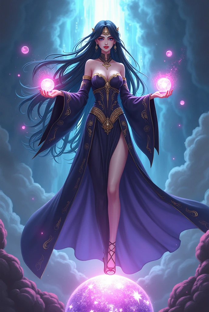 Drawing of a female anime character, holding a multiverse ball in her right hand and a hyperverse ball in her left hand. Stepping on a multiverse ball under her feet, wearing noble clothes. Has super long shiny black hair.