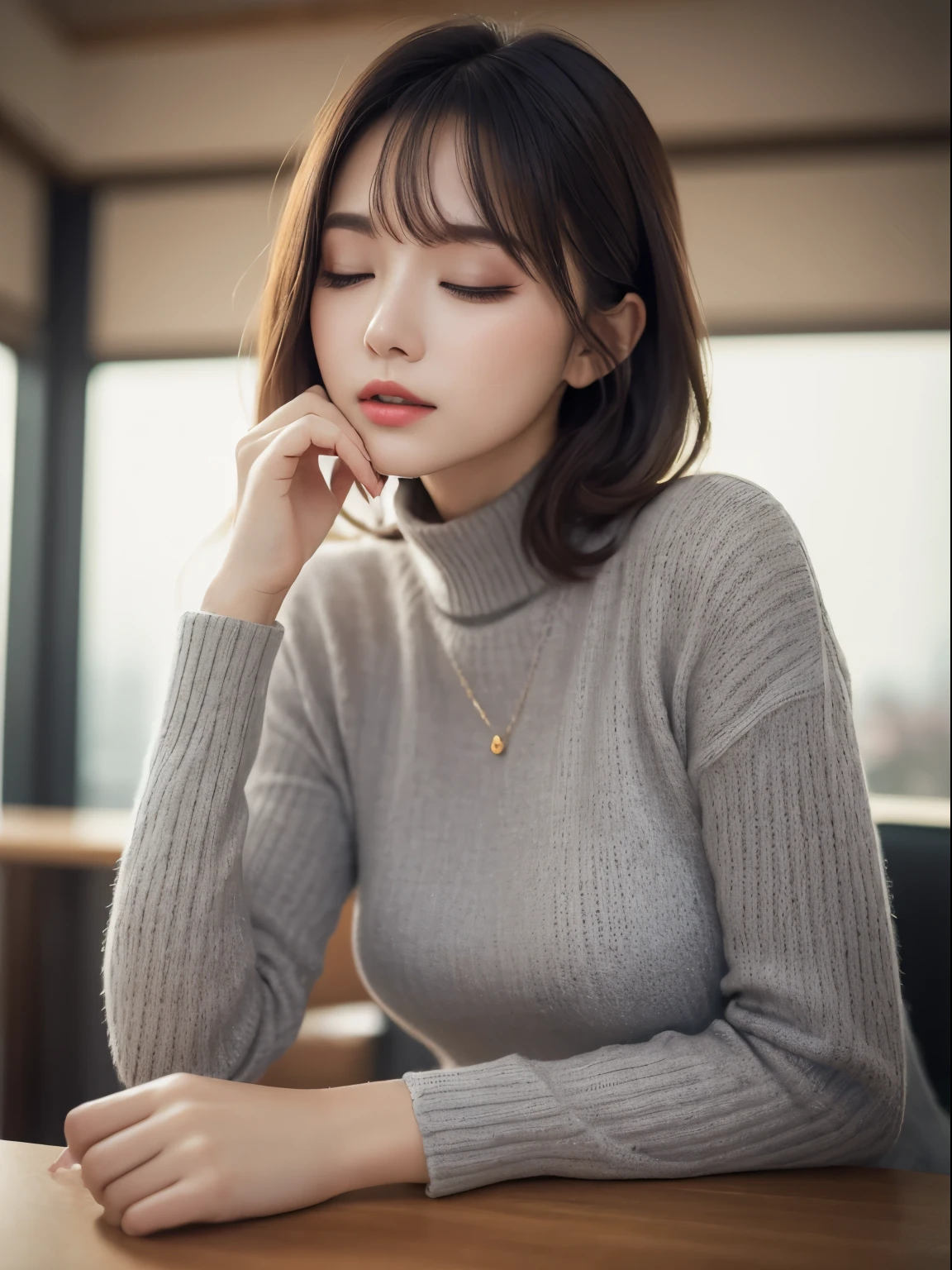 Tabletop, Highest quality, Photorealistic, In detail, High resolution, 8k wallpaper, Perfect dynamic composition, Medium Hair,  Random sexy poses,Random Situation、Tight grey knitwear、Cityscape、Age 25、(Close your eyes 1.5)、Natural Makeup、(I&#39;m worried about something 1.5),(Raise your arms 1.8) ,(Furrow your brow 1.8)
