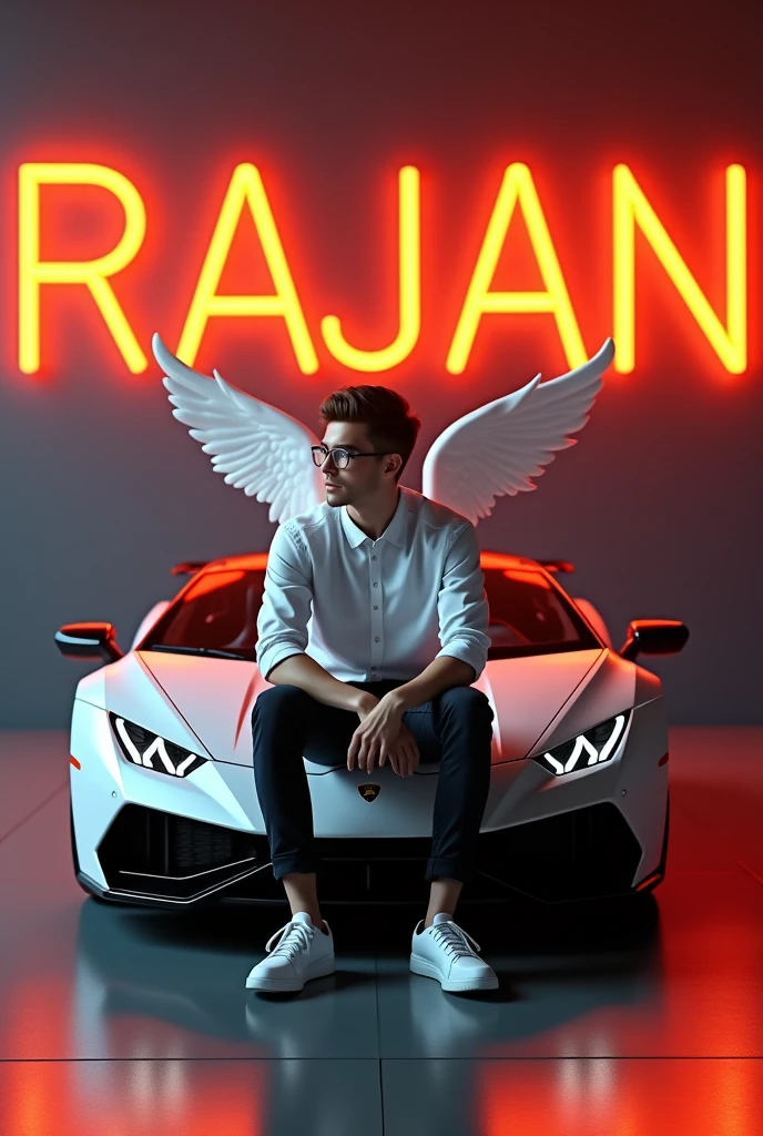 Create a 3D illusion for a profile picture where a 25 Year old cute boy in a white shirt Sitting casually on a Wingback Lamborghini. Wearing sneakers, glasses, he looks ahead. The background features “RAJAN” in big and capital Orange neon light fonts on the dark grey wall. There should not be his shadow, and there are wings to make it appear as if he is an angel