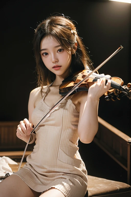 (20-year-old Japanese top idol), (Small breasts,:1.5,),(solo,Textured skin, High detail, Highest quality, Super detailed, Surrealism, realism,8k,RAW Photos,Professional Lighting,),(((Live house lighting,violinist,Rock Violin,Playing the violin,Bob Hair,Full Body Shot,dress)))