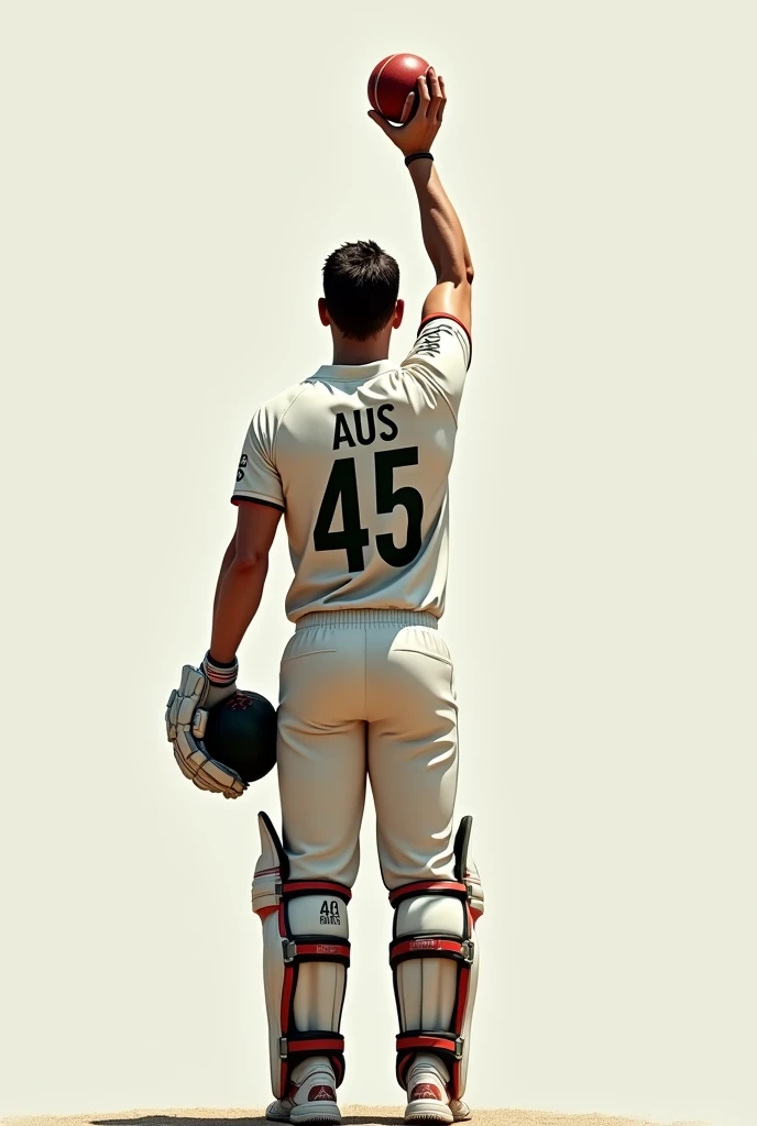 Give me a jersey number of 45，Cricket player with AUS written on his jersey, View from behind, A hand holding a cricket ball high details, high quality, super detail, anatomically correct, highres, 8k