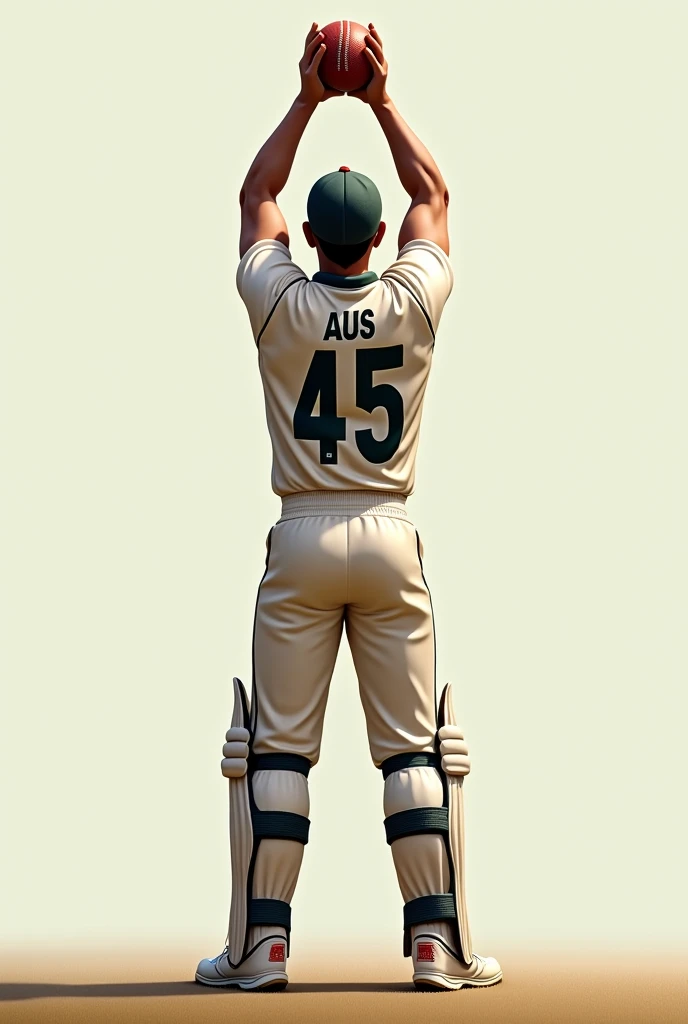Give me a jersey number of 45,Cricket player with AUS written on his jersey, View from behind, A hand holding a cricket ball high details, high quality, super detail, anatomically correct, highres, 8k
