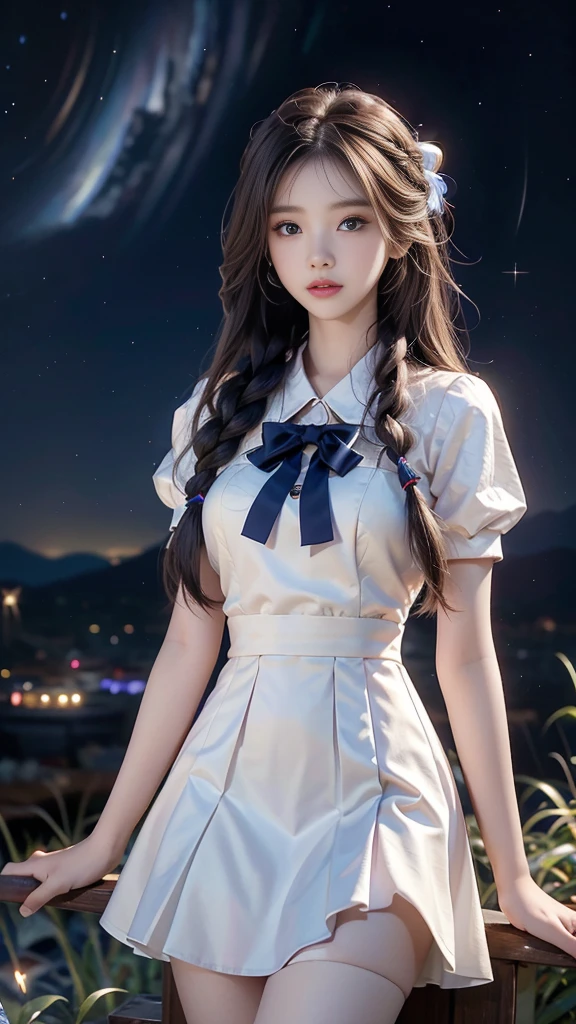 ulzzang-6500-v1.1, (RAW photo: 1.2), (Real photo), (Real photo: 1.4), 1 girl、Perfect anatomy、19 years old、Looking at the camera、Medium length hair、side braids, uniform short white dress, in a surreal royal garden, under the starry night sky, ((starry night: 1.1))、(Business service)、Asian eyes Ella,