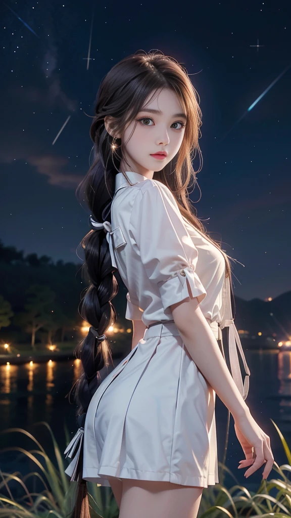 ulzzang-6500-v1.1, (RAW photo: 1.2), (Real photo), (Real photo: 1.4), 1 girl、Perfect anatomy、19 years old、Looking at the camera、Medium length hair、side braids, uniform short white dress, in a surreal royal garden, under the starry night sky, ((starry night: 1.1))、(Business service)、Asian eyes Ella,