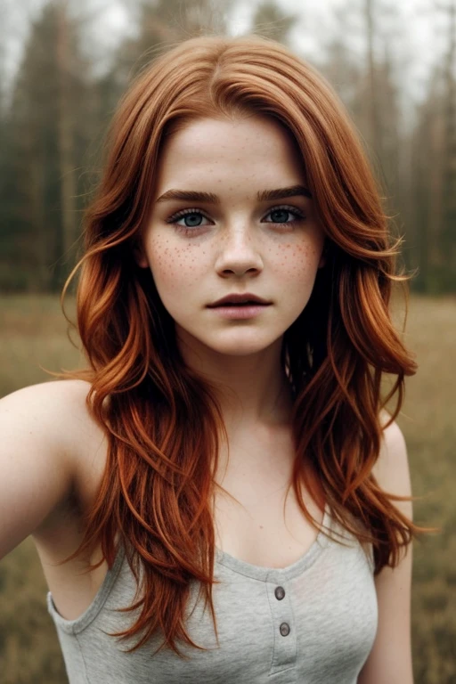 (((by Stefanie Scott:0.8))) ((( face de Emma Watson:0.9))), Selfie, 1 girl in, 19yearsold, standing alone, aesthetic art, irish redhead, wavy red hair, shoulder length red hair, (grey-eyed), light gray eyes, some small freckles, pale skin, A glass, breasts small, runner&#39;s body, Detailed texture skin, (extremely detailed 8k wallpaper), soft lighting, high qualiy, film grain, Sharp focus Fujifilm XT3, f5.6, 50mm, high détail, sharp focus,(naturallight), (nakwd), sports well, (naked), crazy details, complexdetails, hyper detailled
