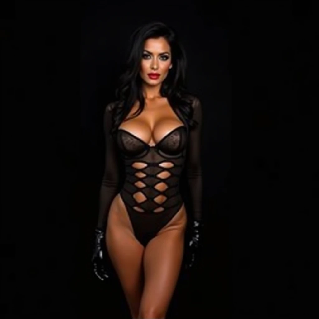 Monica Bellucci lookalike wearing hooker outfit, Photo studio, Black background