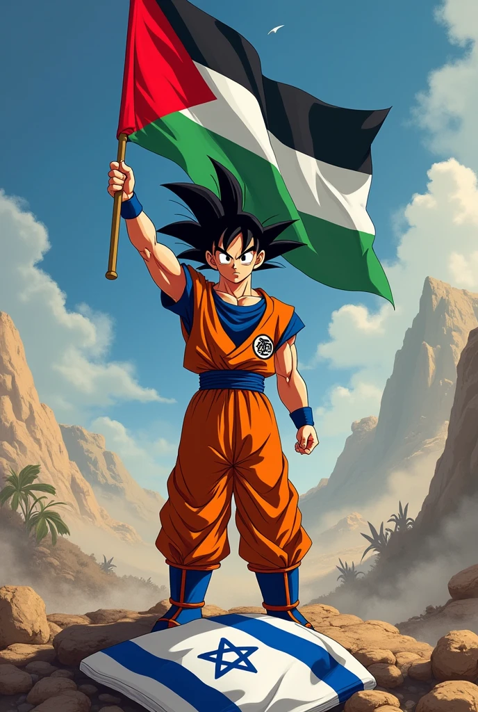 Create a high quality image named of Gohan holding his hand Palestine Flags🇵🇸 in Israel War's And the flag of Israel 🇮🇱 be underfoot 