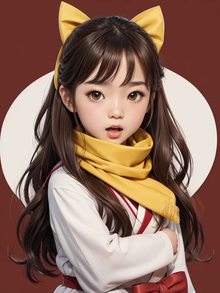 km, 1girl, ascot, blush, bow, brown eyes, brown hair, hair bow, hair tubes, japanese clothes, long hair, mittens, nontraditional miko, one-hour drawing challenge, open mouth, portrait, red bow, red mittens, scarf, sidelocks, simple background, solo, white background, yellow ascot, yellow scarf
