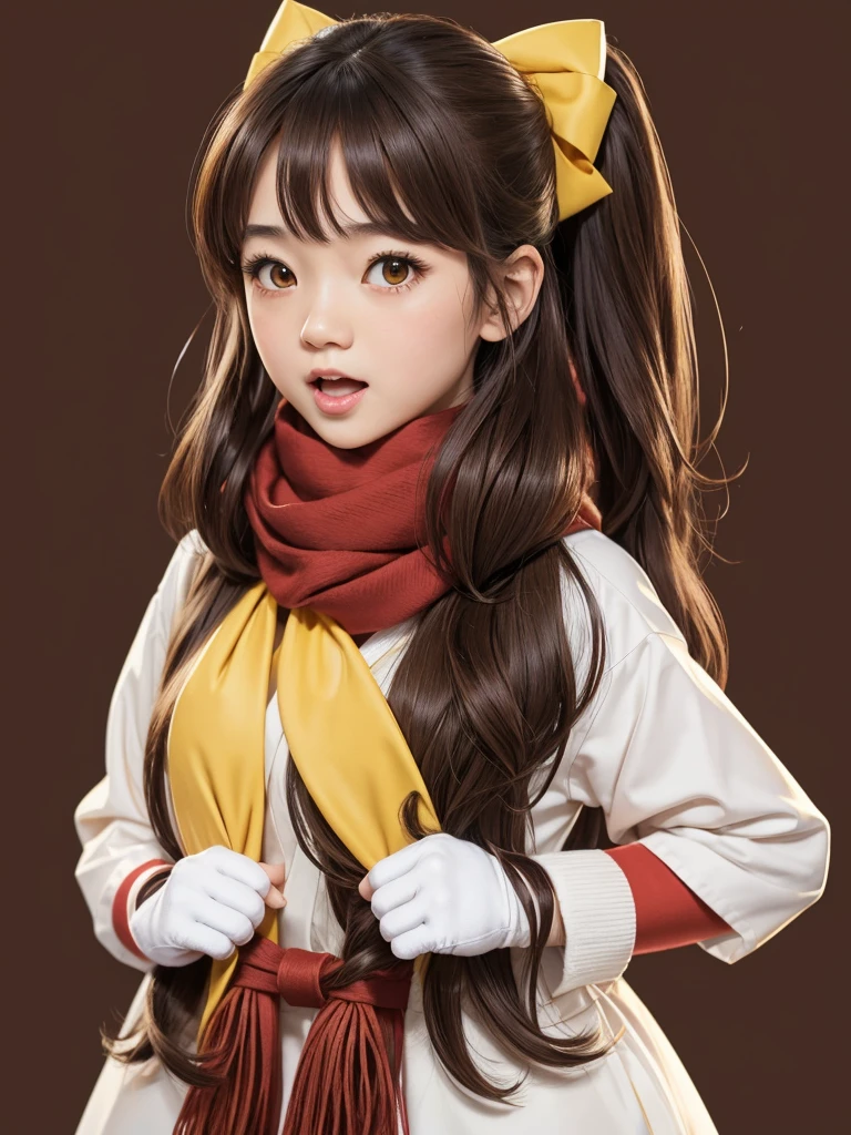 km, 1girl, ascot, blush, bow, brown eyes, brown hair, hair bow, hair tubes, japanese clothes, long hair, mittens, nontraditional miko, one-hour drawing challenge, open mouth, portrait, red bow, red mittens, scarf, sidelocks, simple background, solo, white background, yellow ascot, yellow scarf
