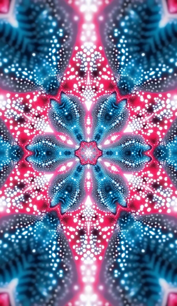 A surreal and disturbing kaleidoscopic pattern inspired by trypophobia, featuring multiple layers of small, closely-packed holes resembling those found in lotus pods. The holes are arranged symmetrically in intricate, repeating patterns, creating a mesmerizing yet unsettling visual effect. The colors include a vivid mix of soft pink and bright cyan blue, with the holes appearing dark and glossy. The kaleidoscope effect is enhanced by light reflecting and passing through the holes, creating a shimmering, translucent quality that adds a layer of depth and complexity. Additionally, the image features a multi-exposure effect, with overlapping patterns that seem to shift and blur, giving the impression of multiple layers in motion. This combination of elements results in a hypnotic and eerie visual experience, blending the allure of pastel colors with the discomfort of trypophobia.