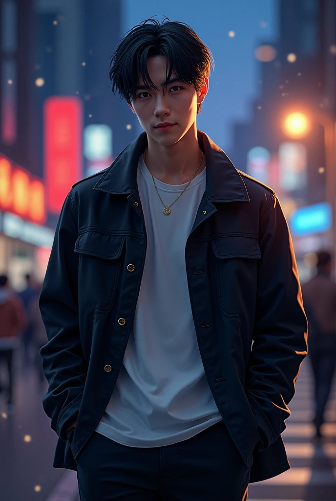 masterpiece、Adults、30Uncle of the generation、twinks、Forehead、30-years old、A dark-haired、Black jacket、Black pants、white t-shirts、Give bangs、Sticking out your forehead、twinks、Eyes drawn in detail、a handsome、Inside the city、starrysky、Mystical light、Dramatic light、Cinematic power、