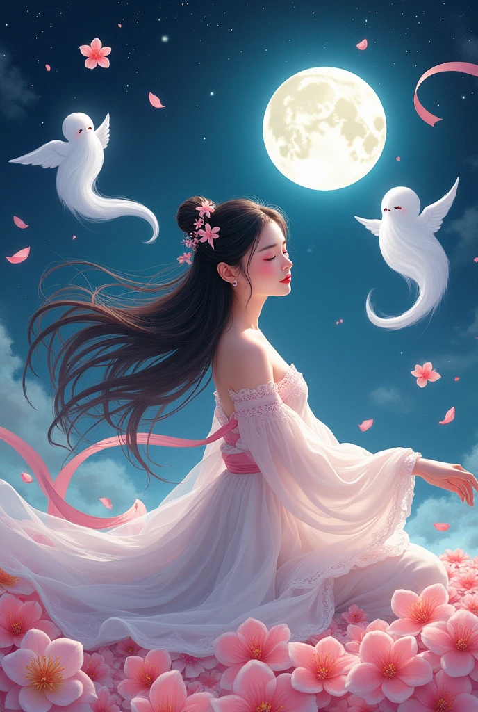 (Cute girl design:1.0125),(drawing,Outline,:1.3401), (best quality), (Masterpiece), Dancing is highly detailed, Exquisite rendering, illustration, (height), manuscript, nighttime_sky, (turn off_on:1.2), (turn off shot), (a young woman:1.3) is (sitting on ดอกไม้) ,notebook [[Smiling softly]], (darling_grizzly hair), a lot_long_hair,black, smoke, (Beautifully detailed eyes), (conjunctivitis), floating ribbon, (peach blossom), Ghosts, (spirit) ,  on spirit, Floating Petals, [[full moon]] Hanfu series