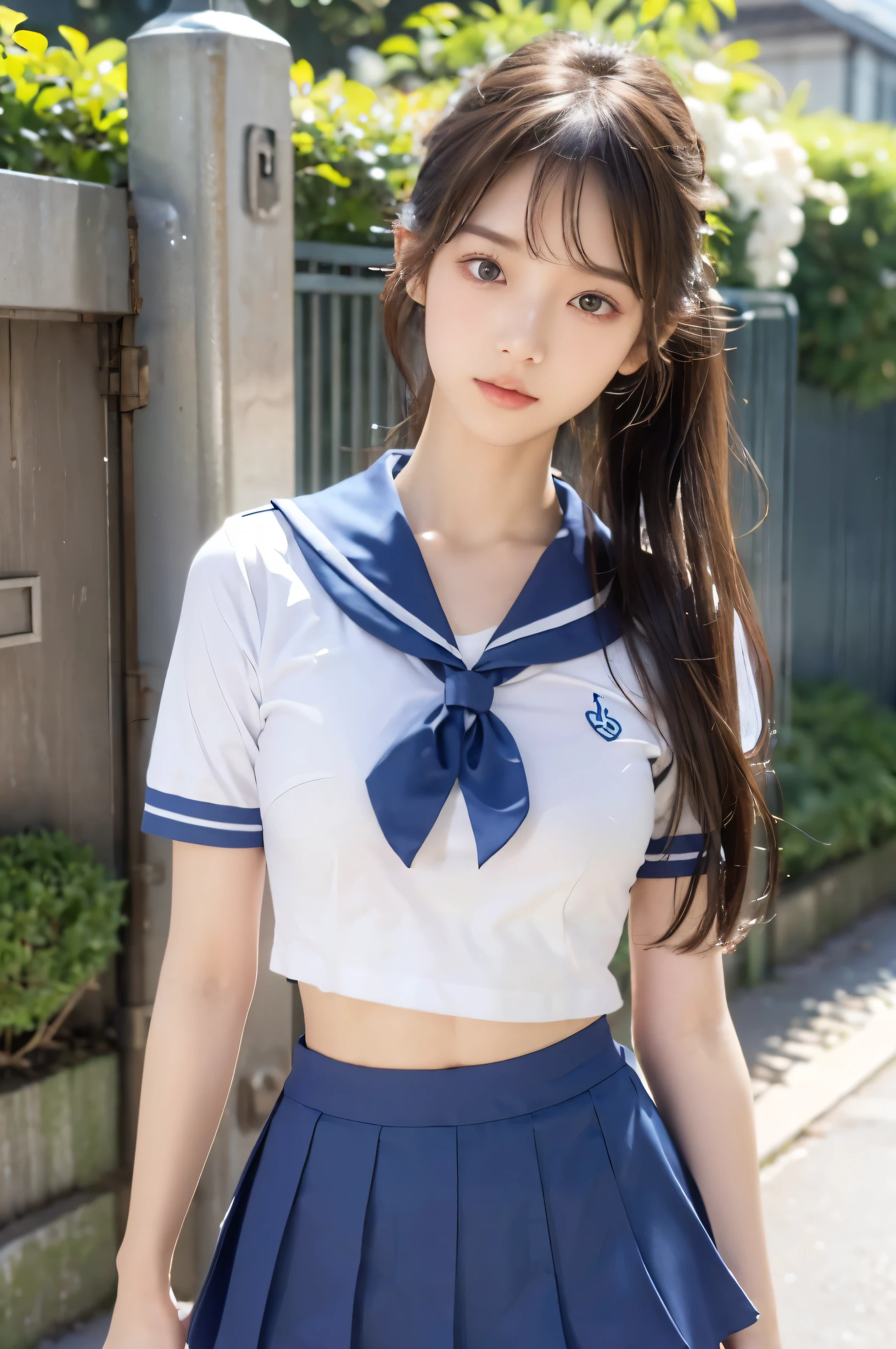 (Ultra HD), (Looking at me), (The whole body is shown), (Light blue short sleeve sailor uniform, Light blue mini skirt), Big Breasts, slender, Narrow waist, (The belly button is visible:0.8), (Thin legs:1.2), (Thin thighs:1.2), (Thin Hips:1.4), (Beautiful Skin, Shiny skin, White skin), (Super slim face, Super beautiful face, No makeup), (light brown, ponytail, Layered Cut, Fluffy hair), (double eyelid, Slanted Eyes), Small Nose, Thin lips, Are standing, In front of the school gate