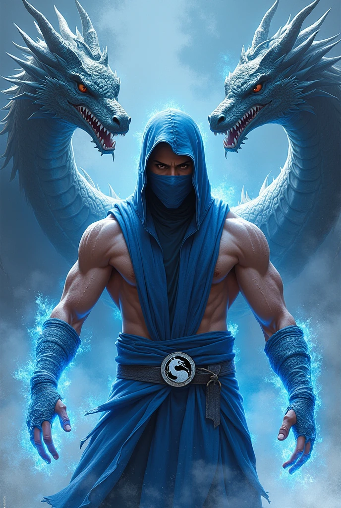 Create an image of the character Sub Zero from the Mortal Kombat game franchise, the character must be in the center with his arms covered in ice, in some combat position, must have a dragon on each side, both very important coming out from behind the character, focusing just above your head, but still one on the left side and the other on the right side, the image should have lots of ice aspects and strong colors with shadows, the image must be with the character&#39;s face very close, only the torso upwards appears and only the heads and necks of the dragons should appear 