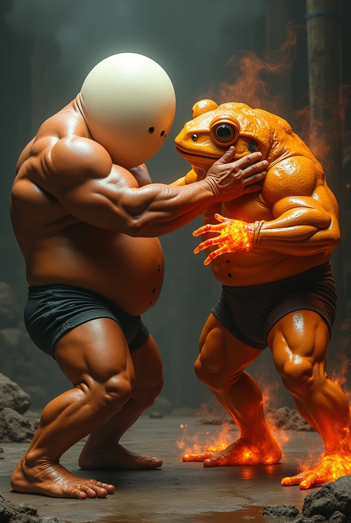an egg with real muscle and wearing tight briefs is fighting with a muscular frog with hands made of lava wearing tight briefs