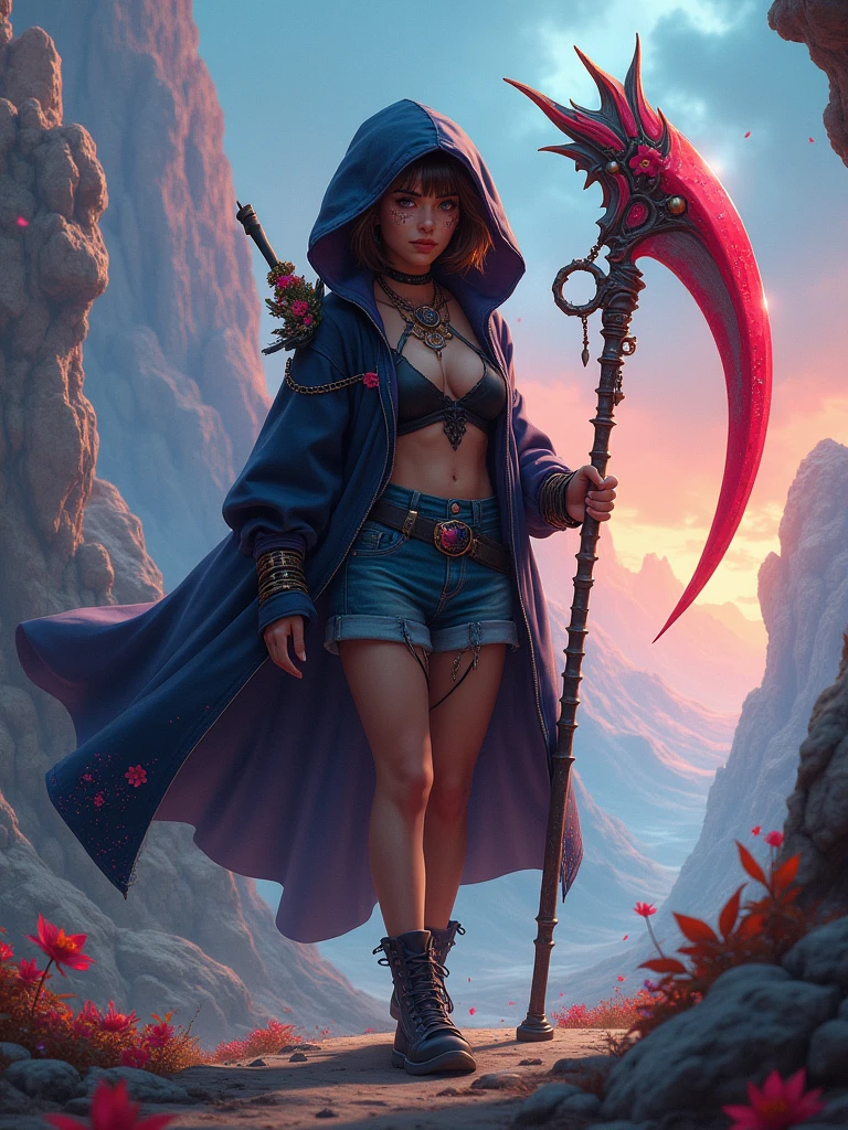 A reaper girl, 23 years old, brown short hair, 8k, highest quality, fantasy, vibrant colors, futuristic, brown skin, beautiful casual clothes, carrying a scythe
