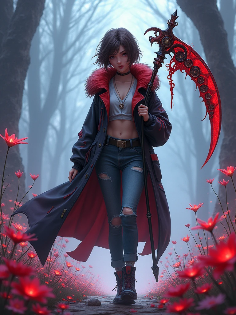 A reaper girl, 23 years old, brown short hair, 8k, highest quality, fantasy, vibrant colors, futuristic, brown skin, beautiful casual clothes, carrying a scythe