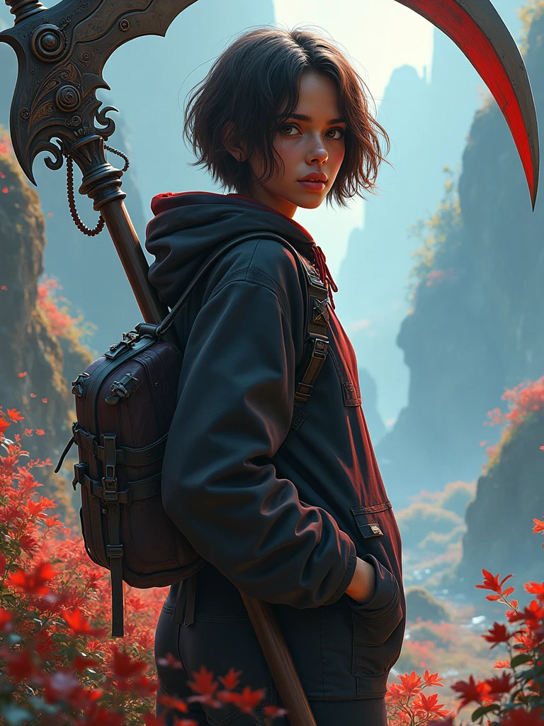 A reaper girl, 23 years old, brown short hair, 8k, highest quality, fantasy, vibrant colors, futuristic, brown skin, beautiful casual clothes, carrying a scythe