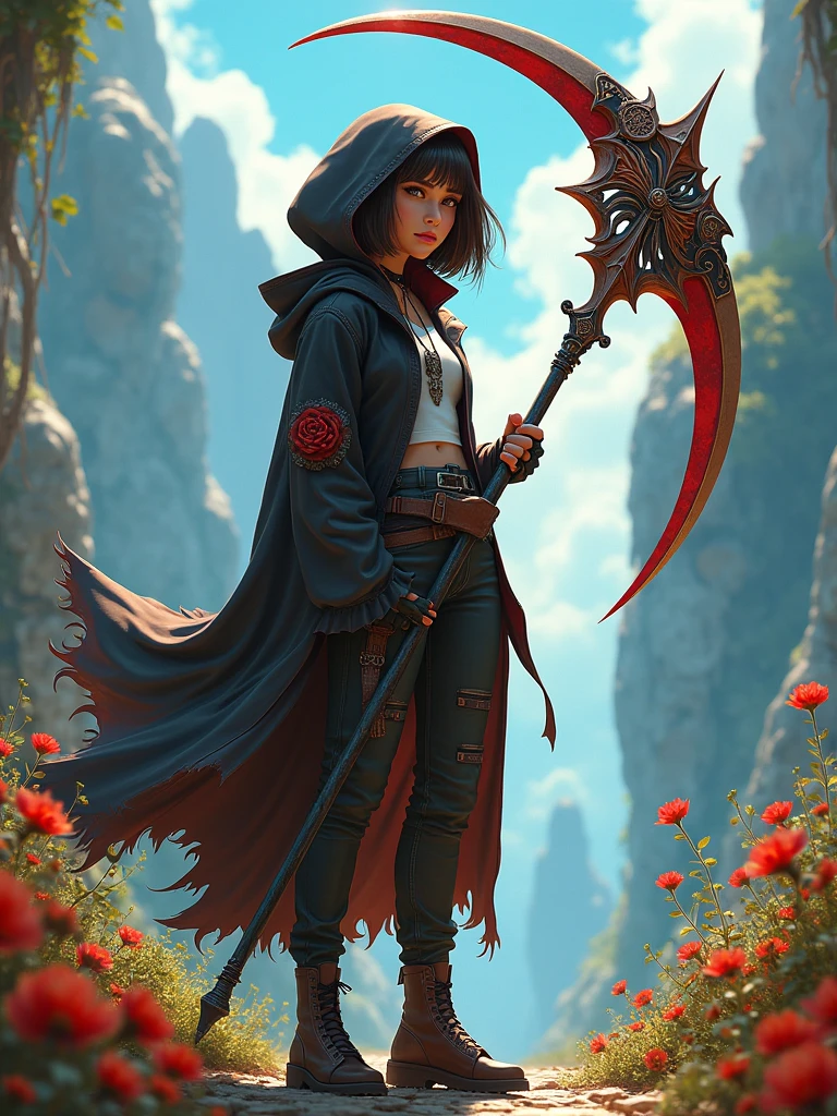 A reaper girl, 23 years old, brown short hair, 8k, highest quality, fantasy, vibrant colors, futuristic, brown skin, beautiful casual clothes, carrying a scythe