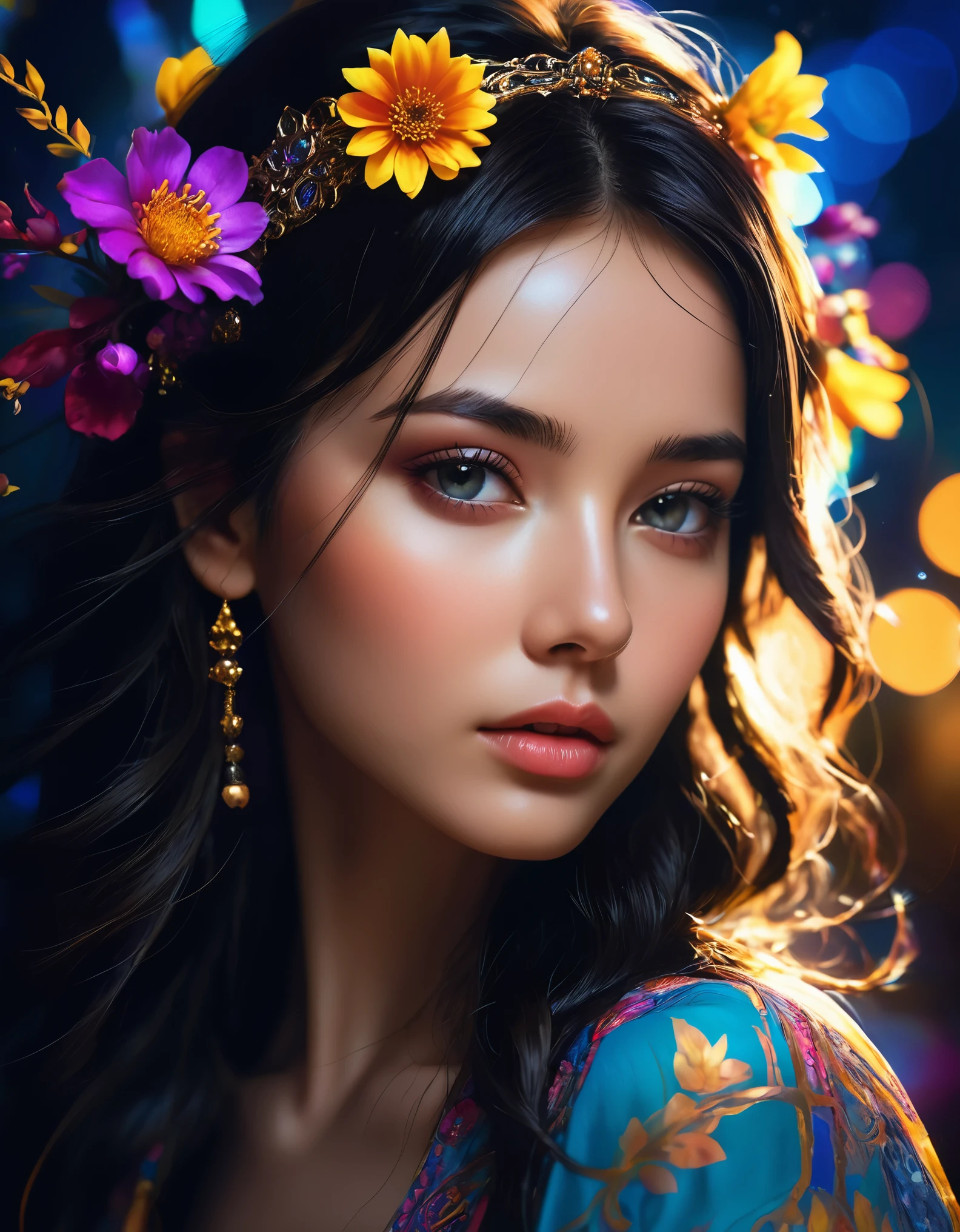 splendidly beautiful girl in the dark, glare eyes, dark hair, shining skin,
bright flowers around the face, something mystical and majestic, magie, sparks from the skin and around, very dark, just light neon light, splendid, enchanting, work of art, high qualiy, details Intricate, high détail , lot of details, dynamic, details Intricate, Bohemian, aesthetics, contour, close up, high qualiy, Artwork, 超detailded, proffesional, filigreed, superdetailed, Hyper-Realism, close up, isometric, digitl art