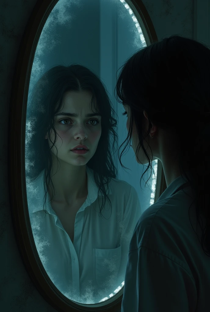 (For horror story)And she sees a shadowy figure in her reflection.