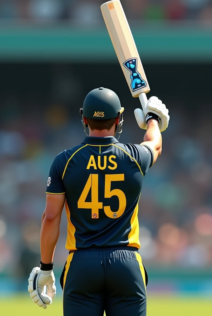 Give me a jersey number of 45,Cricket player with AUS written on his jersey, View from behind, A hand holding a cricket bat high details, high quality, super detail, anatomically correct, highres, 8k