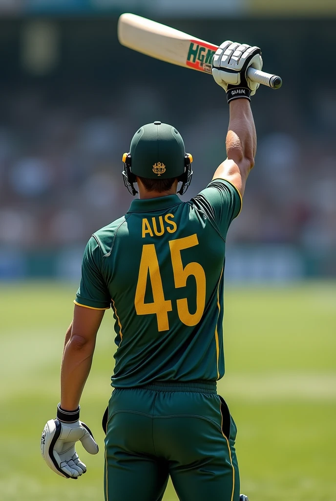 Give me a jersey number of 45,Cricket player with AUS written on his jersey, View from behind, A hand holding a cricket bat high details, high quality, super detail, anatomically correct, highres, 8k