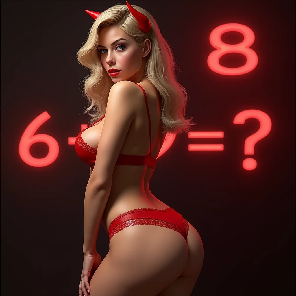 create a rebus: "6 + 9 = ?", let the picture be a woman scantily dressed in red underwear with devil horns, she should be very realistic, 4k, 8k, blonde hair, blue eyes hourglass silhouette, young 20 years old, wide hips and large breasts, big ass, rebus 6 + 9 = ?, the girl should not cover the rebus, erotic background, girl should not cover 6, girl shoud not cover 9 girl shoud not cover ?