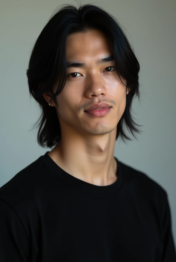 young boy of approximately 19 years old, straight hair, black with a mullet cut, strong physique, strong arms, slanted and serious eyes, handsome and attractive boy, He wears a black shirt, smiling, He has a piercing in his right eyebrow, White skin.
Realistic style photography of a real person.