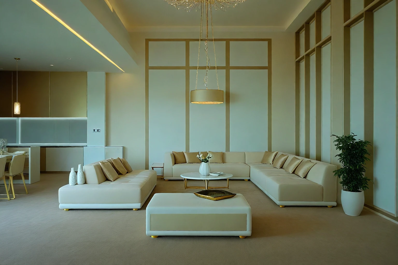 ，Masterpiece, Best quality，8K, Ultra-high resolution，When you step into the living room，Immediately surrounded by a rich atmosphere of luxury。Ornate crystal chandeliers hang high on the wall，Shine brightly。The sofa was covered with a soft white fluffy blanket，It is so comfortable，So much so that you can't help but indulge in it。In the corner of the living room is a delicate coffee table，Embellished with precious porcelain and champagne gold ornaments。Whenever it is late afternoon，The afterglow from the window spilled on the floor，Soft light and shadow are reflected，It was as if entering a dreamland。
