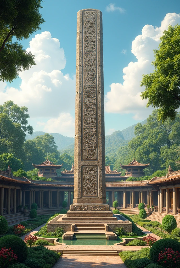 A grand depiction of Ashoka's pillar edicts in a serene garden setting, with lush greenery and traditional architecture, highlighting their historical significance."